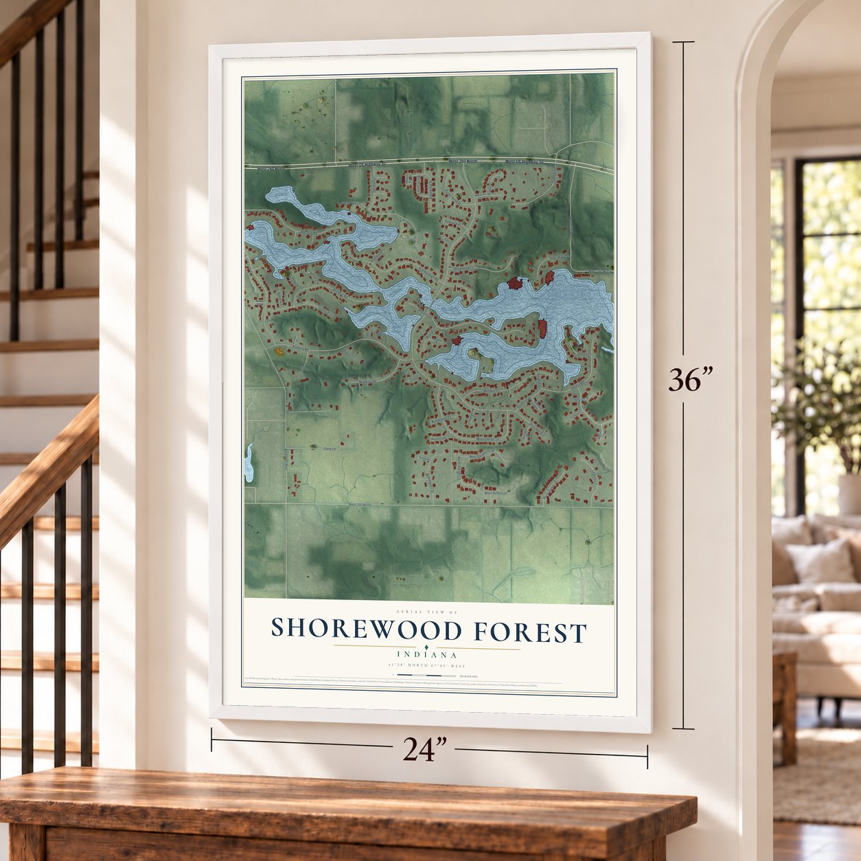 Shorewood Forest, Indiana map, 24 x 36 inch print in a white frame by a staircase