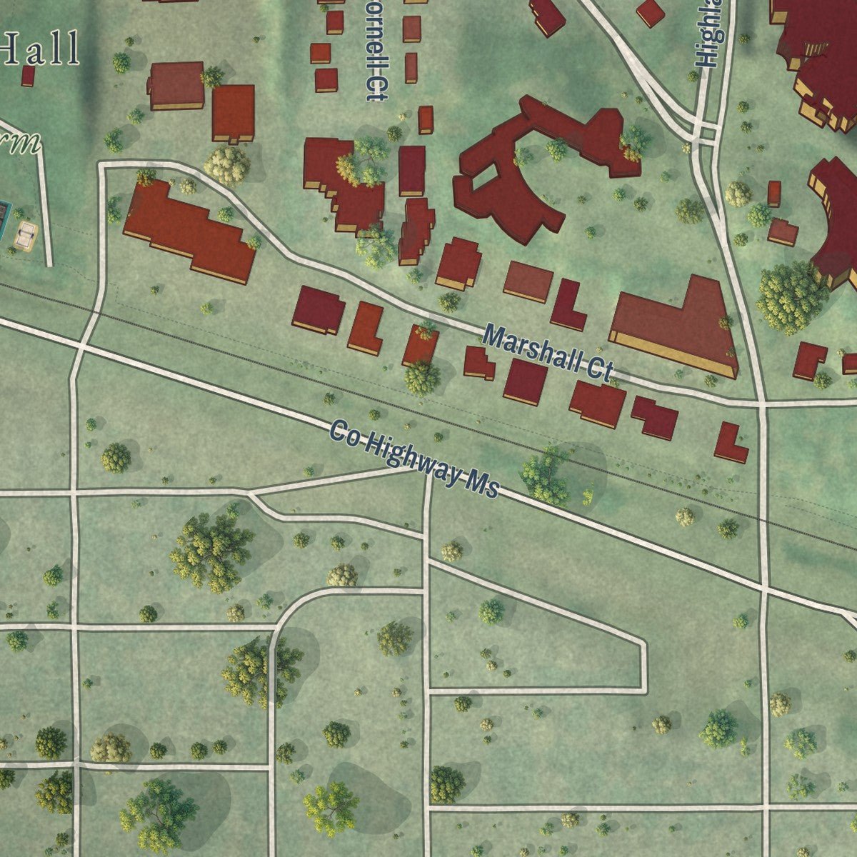 Second close-up of the map of Shorewood Hills, Wisconsin print showing more streets and buildings