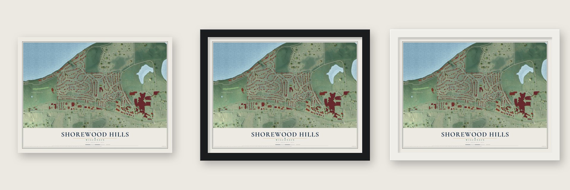 Shorewood Hills, Wisconsin map unframed, in a black wood frame and in a white wood frame