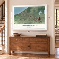 Shorewood Hills, Wisconsin map, 24 x 36 inch print in a white frame above a dresser by a staircase