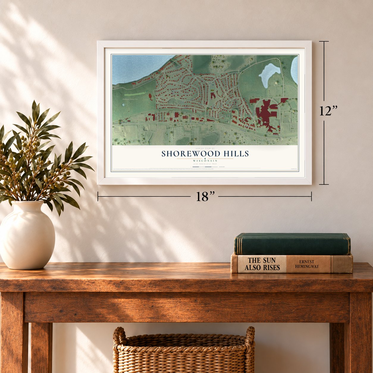 Shorewood Hills, Wisconsin map, 12 x 18 inch print in a white frame in an entryway