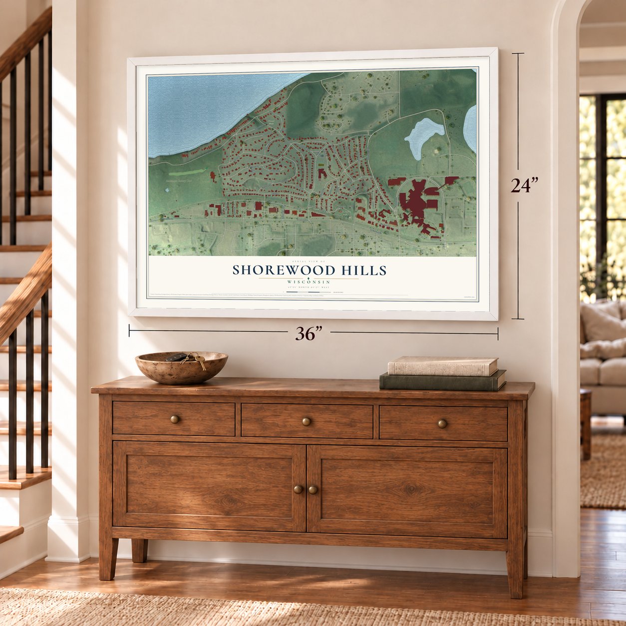 Shorewood Hills, Wisconsin map, 24 x 36 inch print in a white frame above a dresser by a staircase