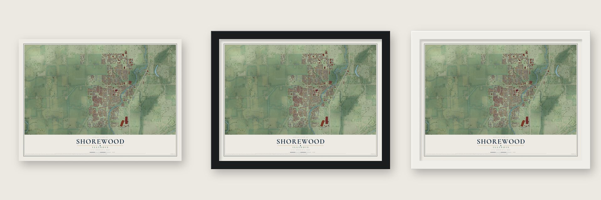 Shorewood, Illinois map unframed, in a black wood frame and in a white wood frame