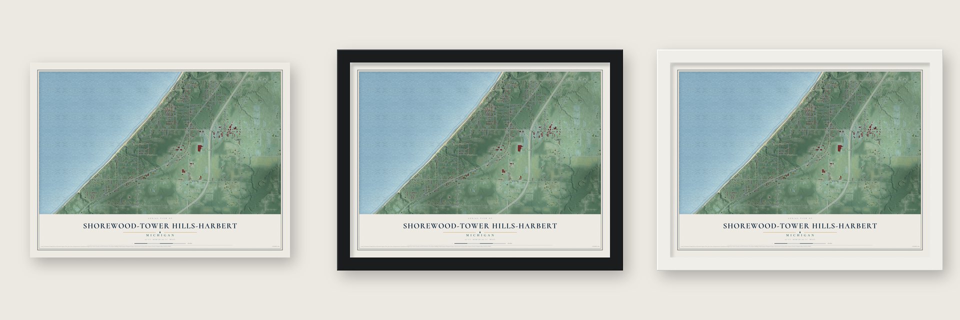 Shorewood-Tower Hills-Harbert, Michigan map unframed, in a black wood frame and in a white wood frame