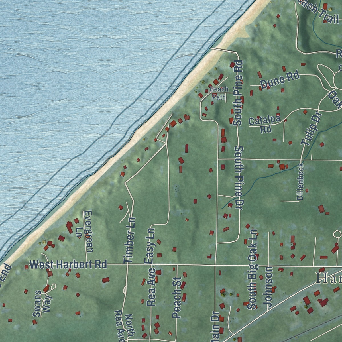 Second close-up of the map of Shorewood-Tower Hills-Harbert, Michigan print showing more streets and buildings