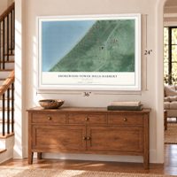 Shorewood-Tower Hills-Harbert, Michigan map, 24 x 36 inch print in a white frame above a dresser by a staircase