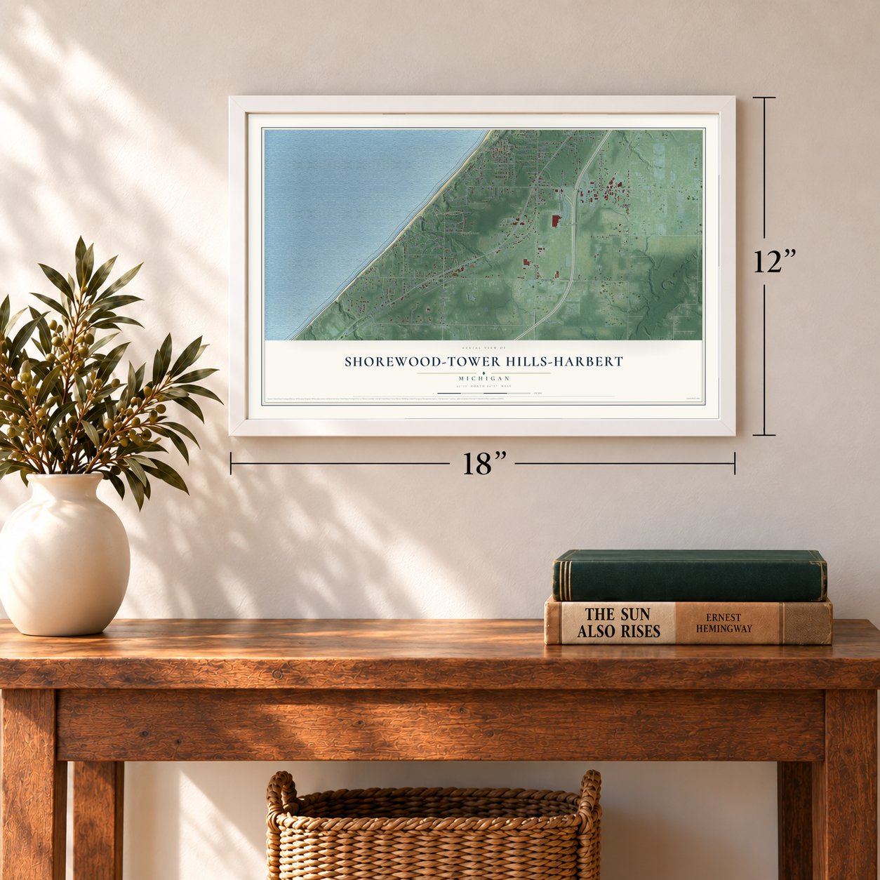 Shorewood-Tower Hills-Harbert, Michigan map, 12 x 18 inch print in a white frame in an entryway