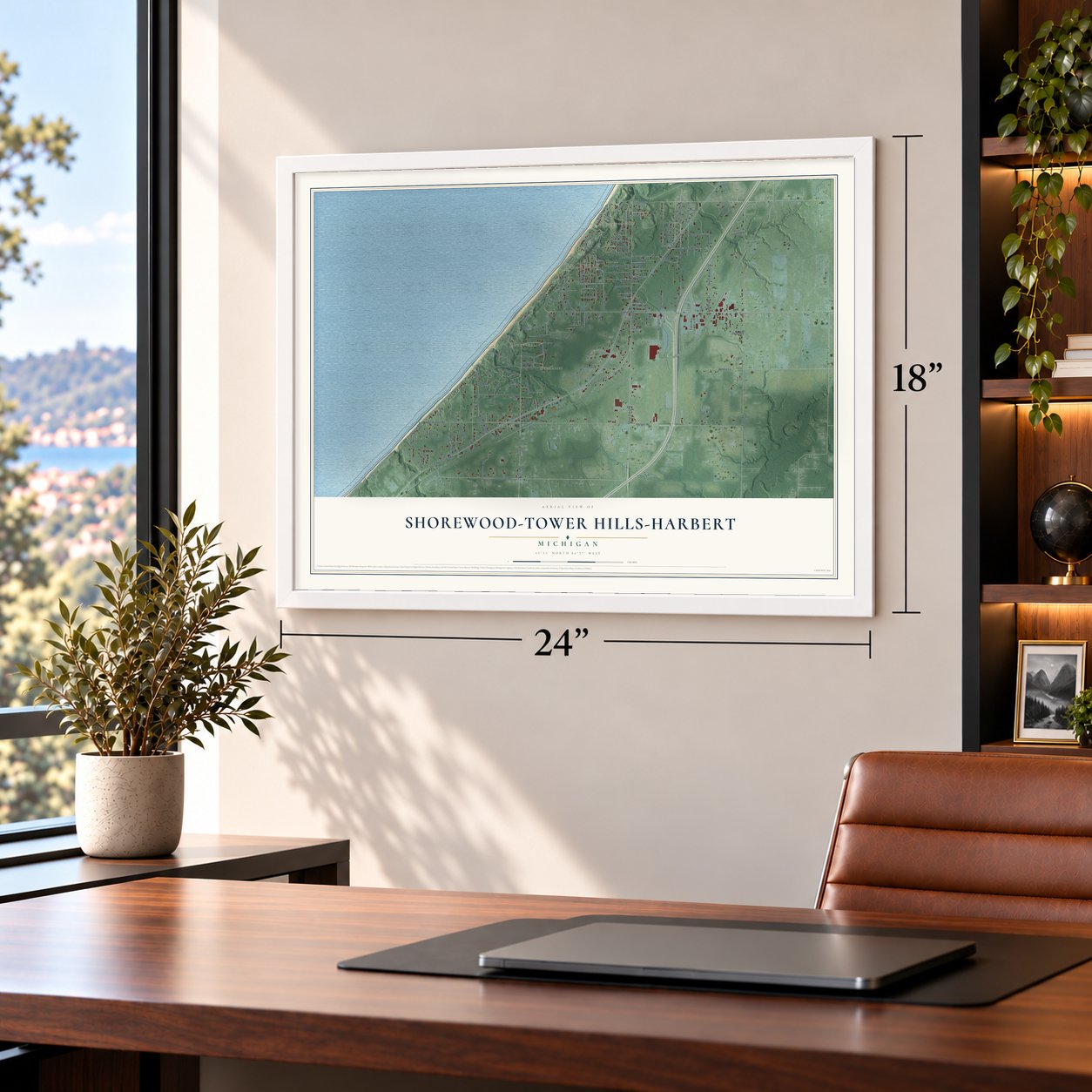 Shorewood-Tower Hills-Harbert, Michigan map, 18 x 24 inch print in a white frame in a home office