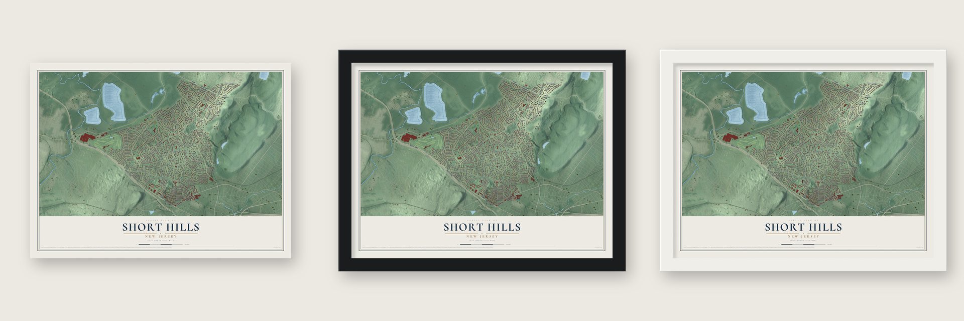 Short Hills, New Jersey map unframed, in a black wood frame and in a white wood frame
