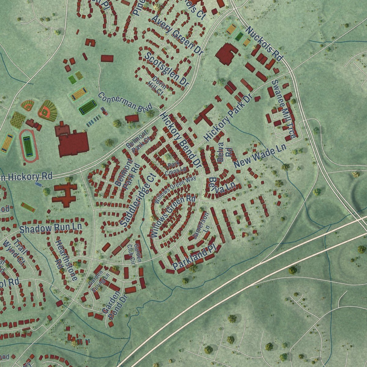 Second close-up of the map of Short Pump, Virginia print showing more streets and buildings