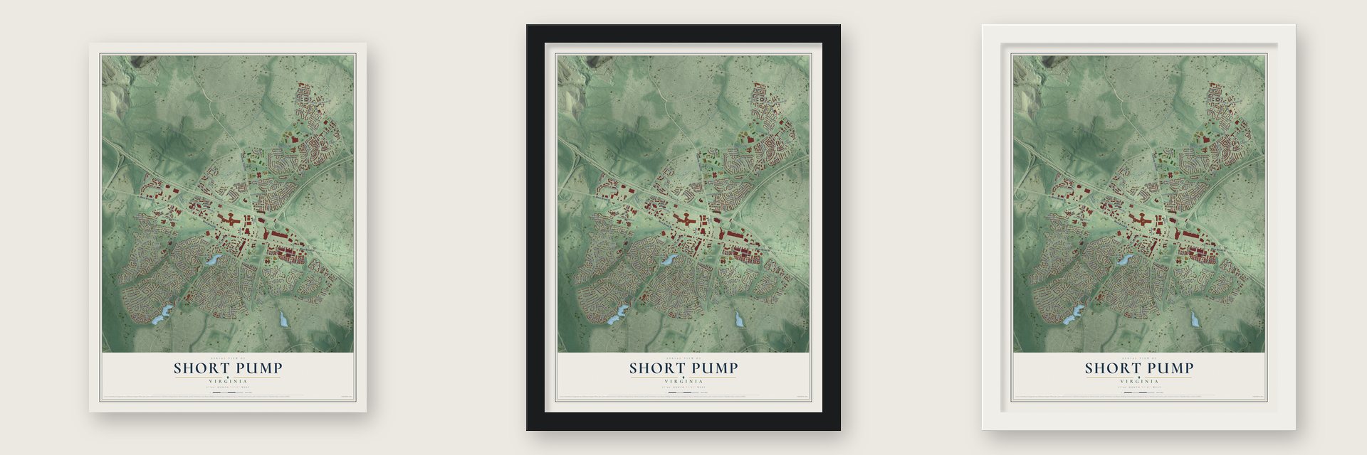 Short Pump, Virginia map unframed, in a black wood frame and in a white wood frame