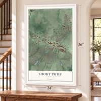 Short Pump, Virginia map, 24 x 36 inch print in a white frame by a staircase