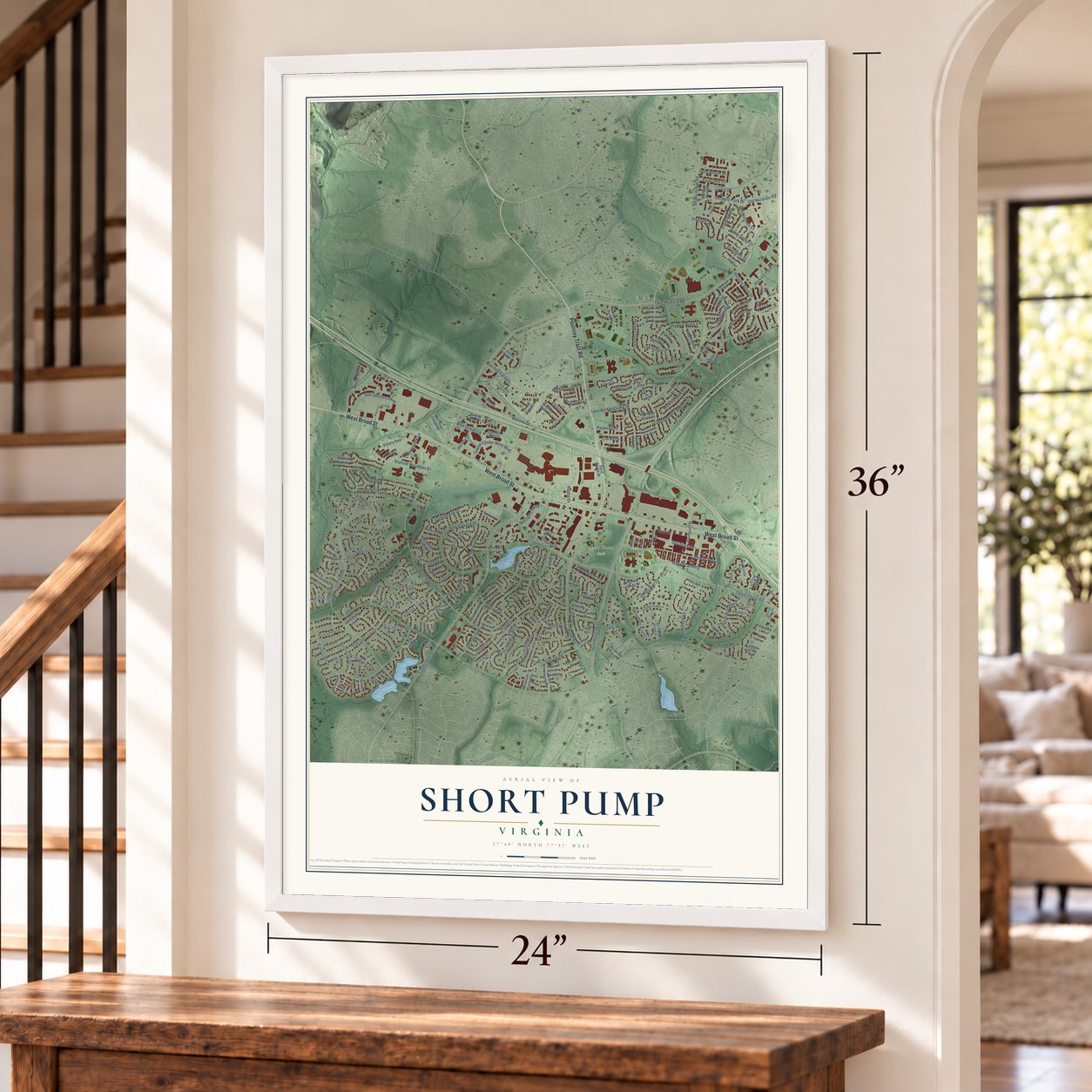 Short Pump, Virginia map, 24 x 36 inch print in a white frame by a staircase
