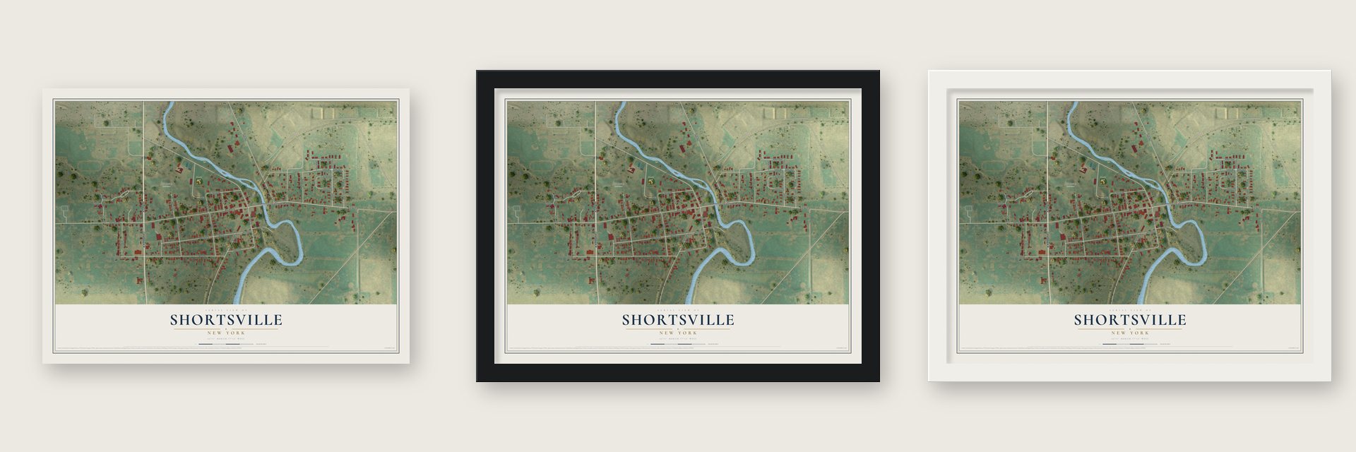 Shortsville, New York map unframed, in a black wood frame and in a white wood frame