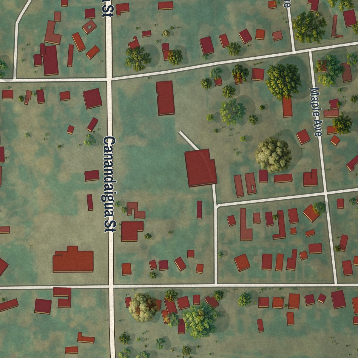 Second close-up of the map of Shortsville, New York print showing more streets and buildings