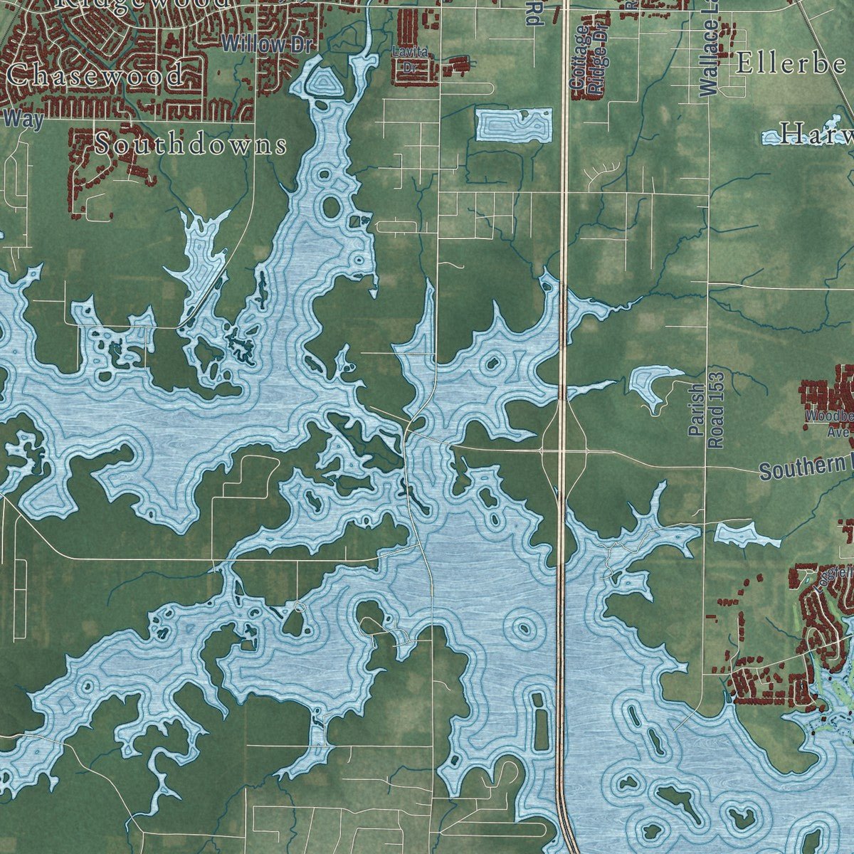 Second close-up of the map of Shreveport, Louisiana print showing more streets and buildings