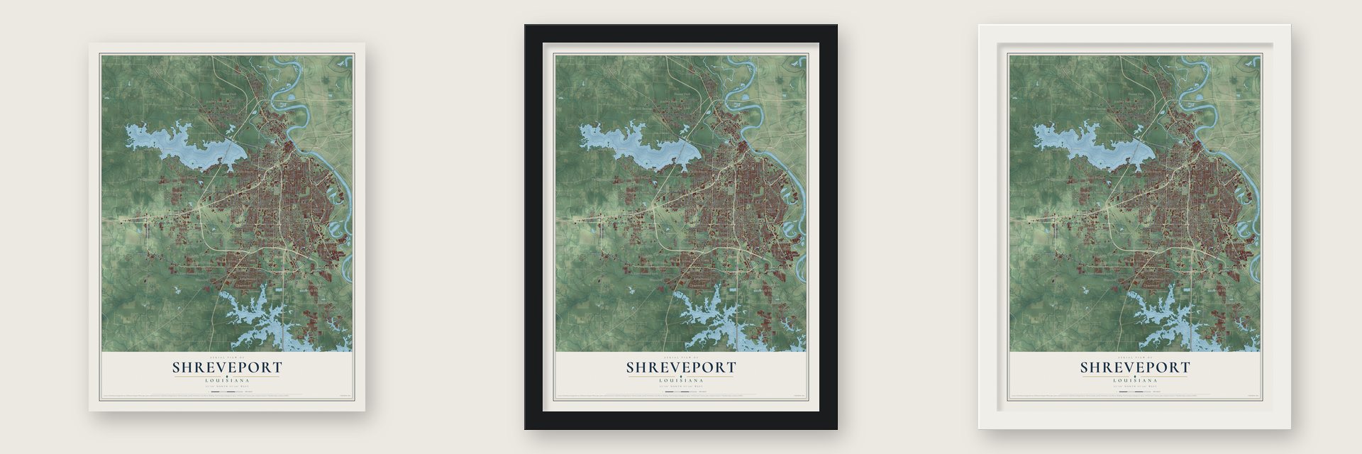 Shreveport, Louisiana map unframed, in a black wood frame and in a white wood frame