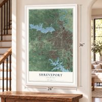 Shreveport, Louisiana map, 24 x 36 inch print in a white frame by a staircase