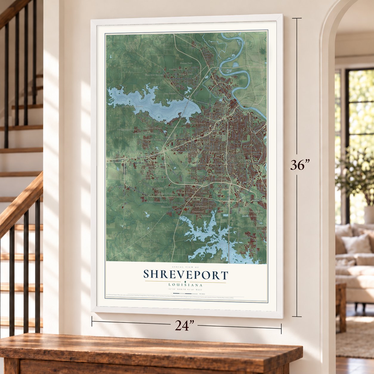 Shreveport, Louisiana map, 24 x 36 inch print in a white frame by a staircase
