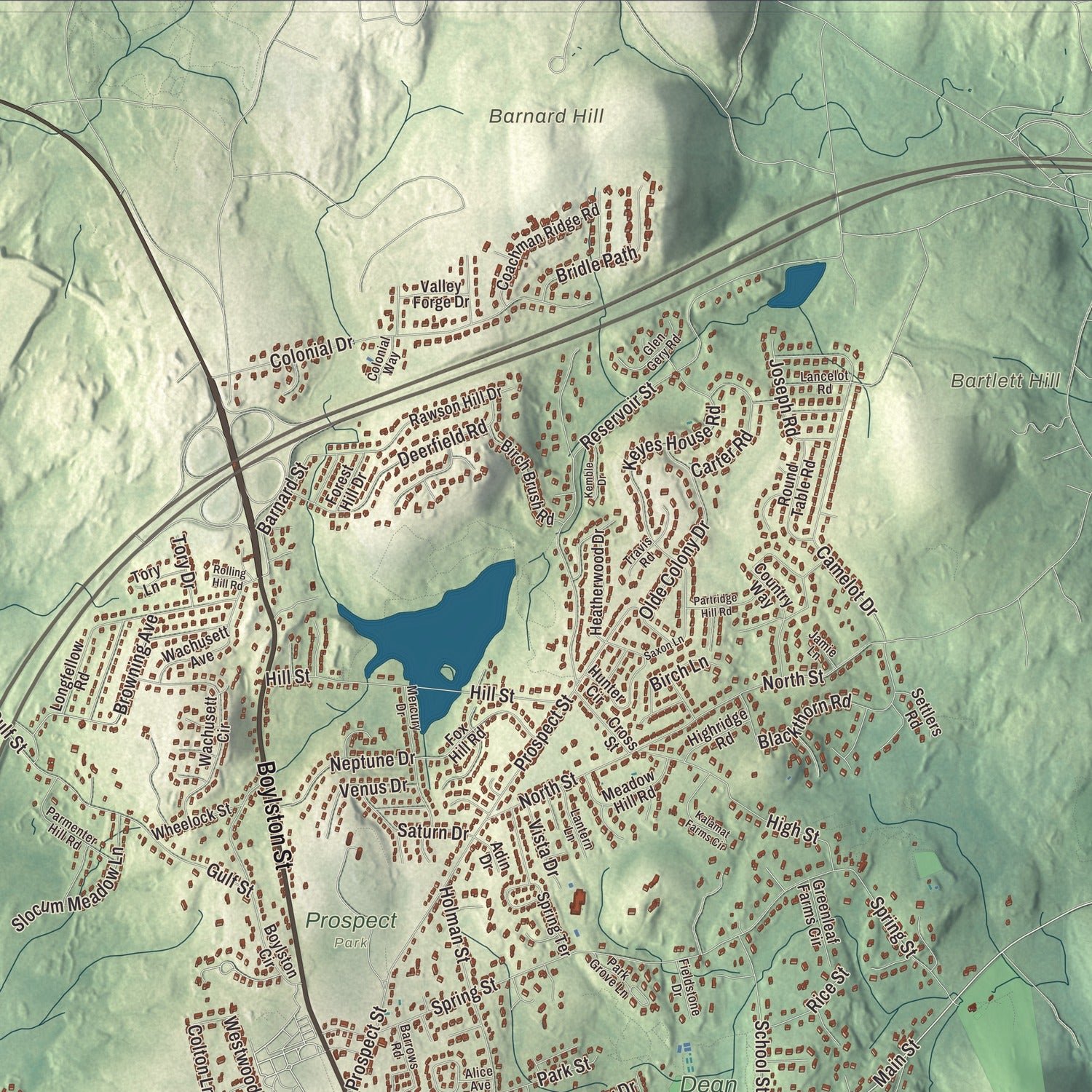 Close-up of the map of Shrewsbury, Massachusetts print showing terrain and local geography