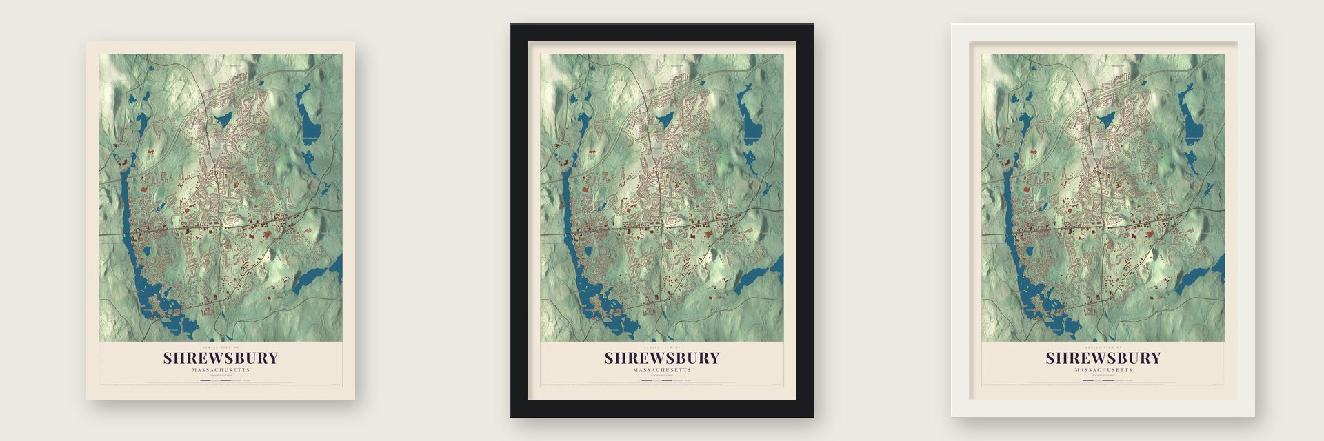 Shrewsbury, Massachusetts map unframed, in a black wood frame and in a white wood frame