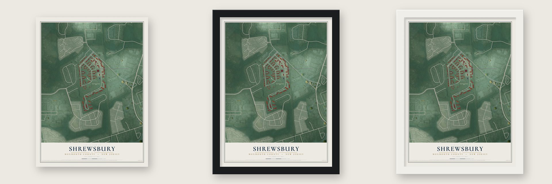 Shrewsbury, Monmouth County, New Jersey map unframed, in a black wood frame and in a white wood frame