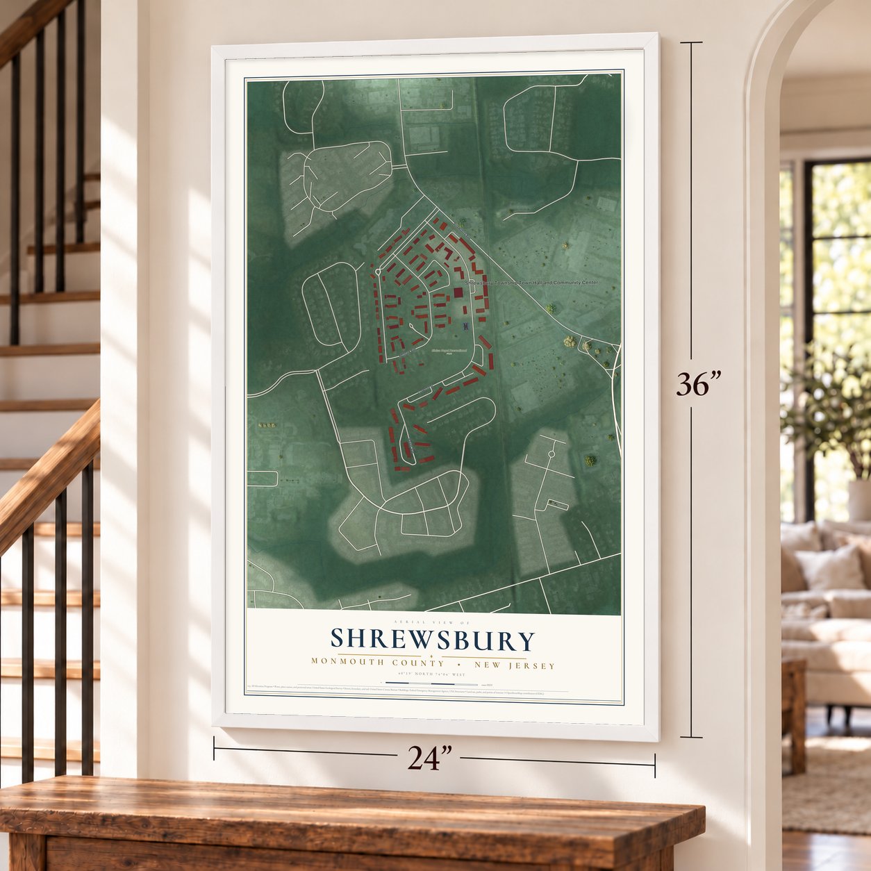 Shrewsbury, Monmouth County, New Jersey map, 24 x 36 inch print in a white frame by a staircase