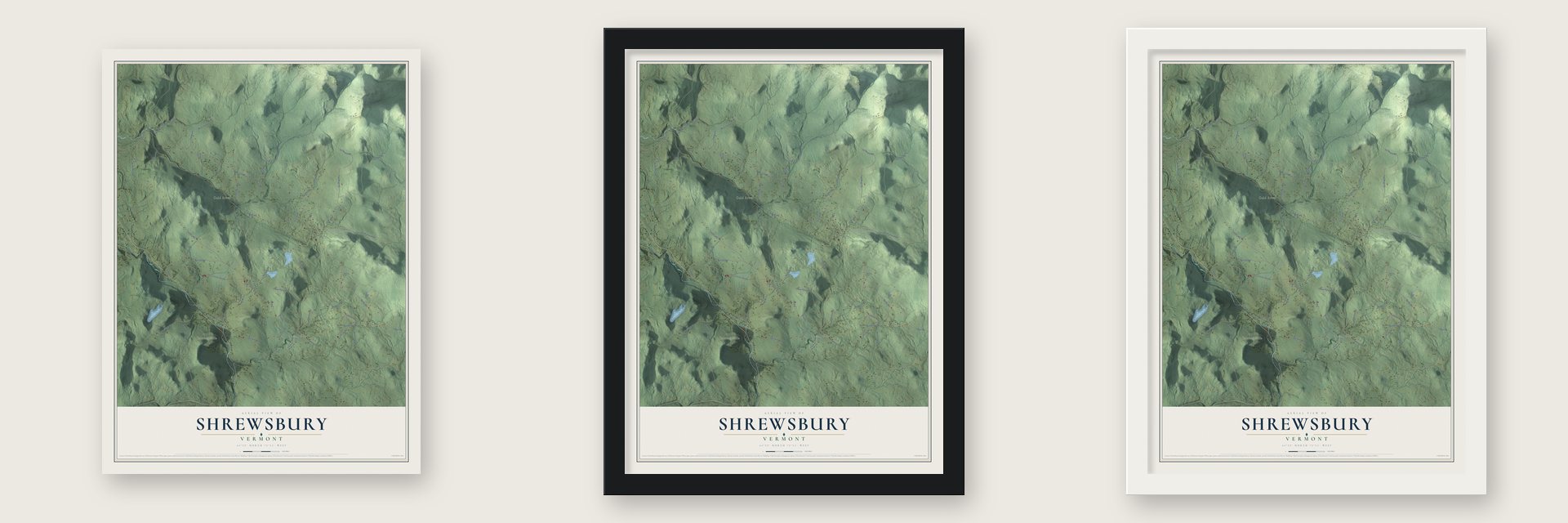 Shrewsbury, Vermont map unframed, in a black wood frame and in a white wood frame