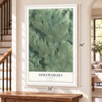 Shrewsbury, Vermont map, 24 x 36 inch print in a white frame by a staircase