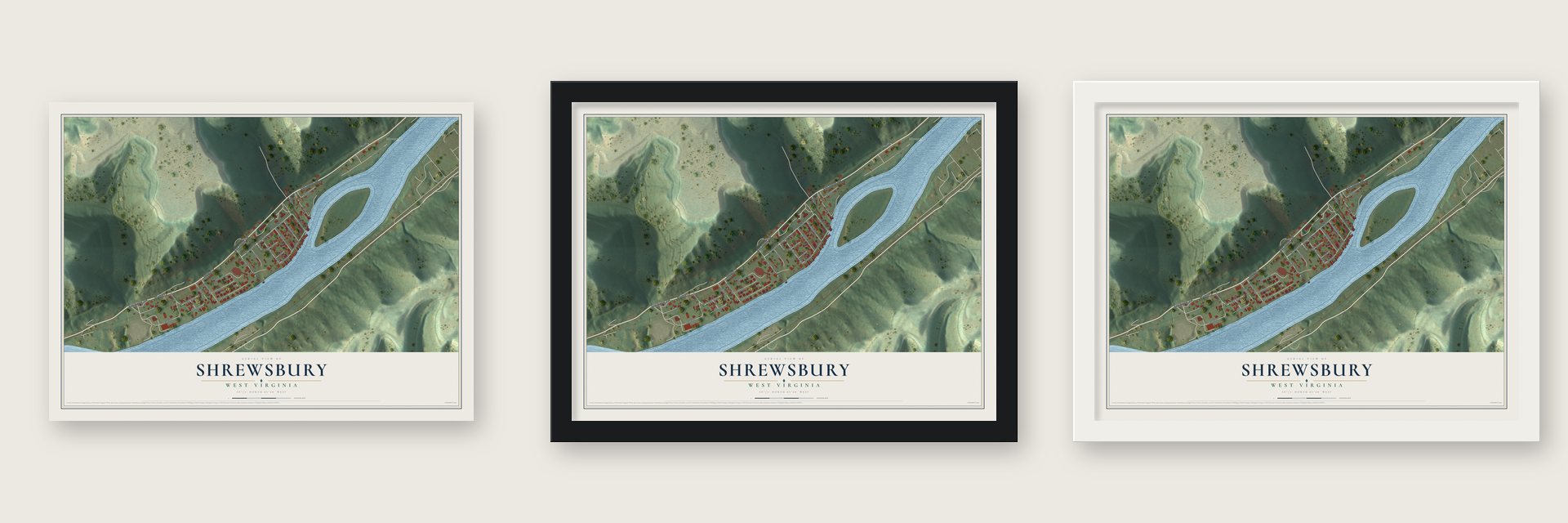 Shrewsbury, West Virginia map unframed, in a black wood frame and in a white wood frame
