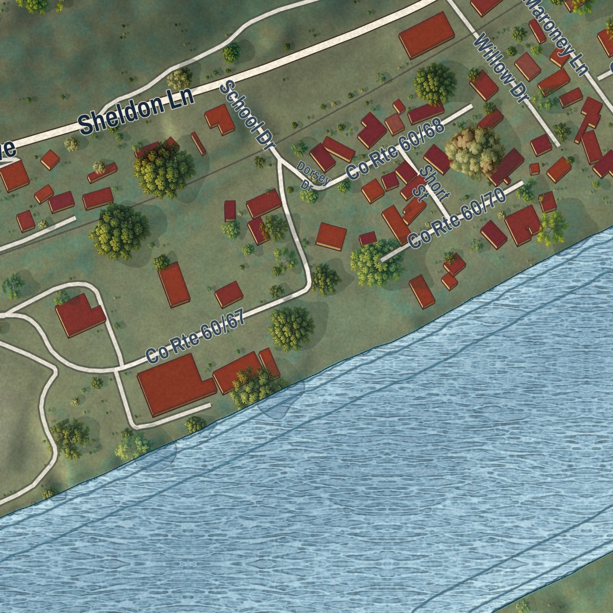 Second close-up of the map of Shrewsbury, West Virginia print showing more streets and buildings