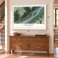 Shrewsbury, West Virginia map, 24 x 36 inch print in a white frame above a dresser by a staircase