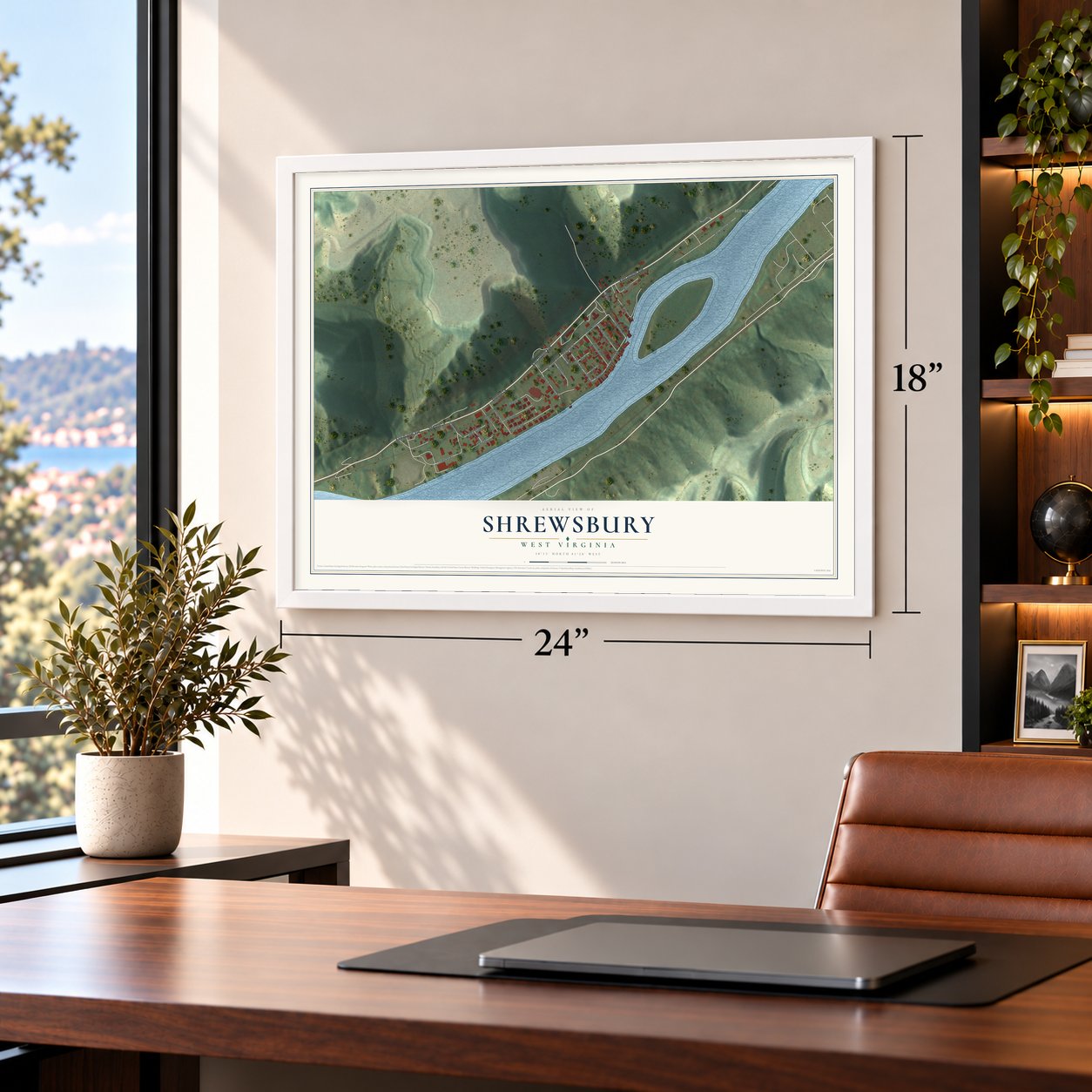 Shrewsbury, West Virginia map, 18 x 24 inch print in a white frame in a home office