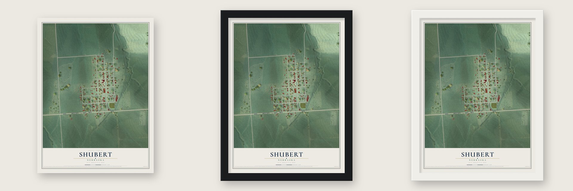 Shubert, Nebraska map unframed, in a black wood frame and in a white wood frame