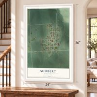 Shubert, Nebraska map, 24 x 36 inch print in a white frame by a staircase