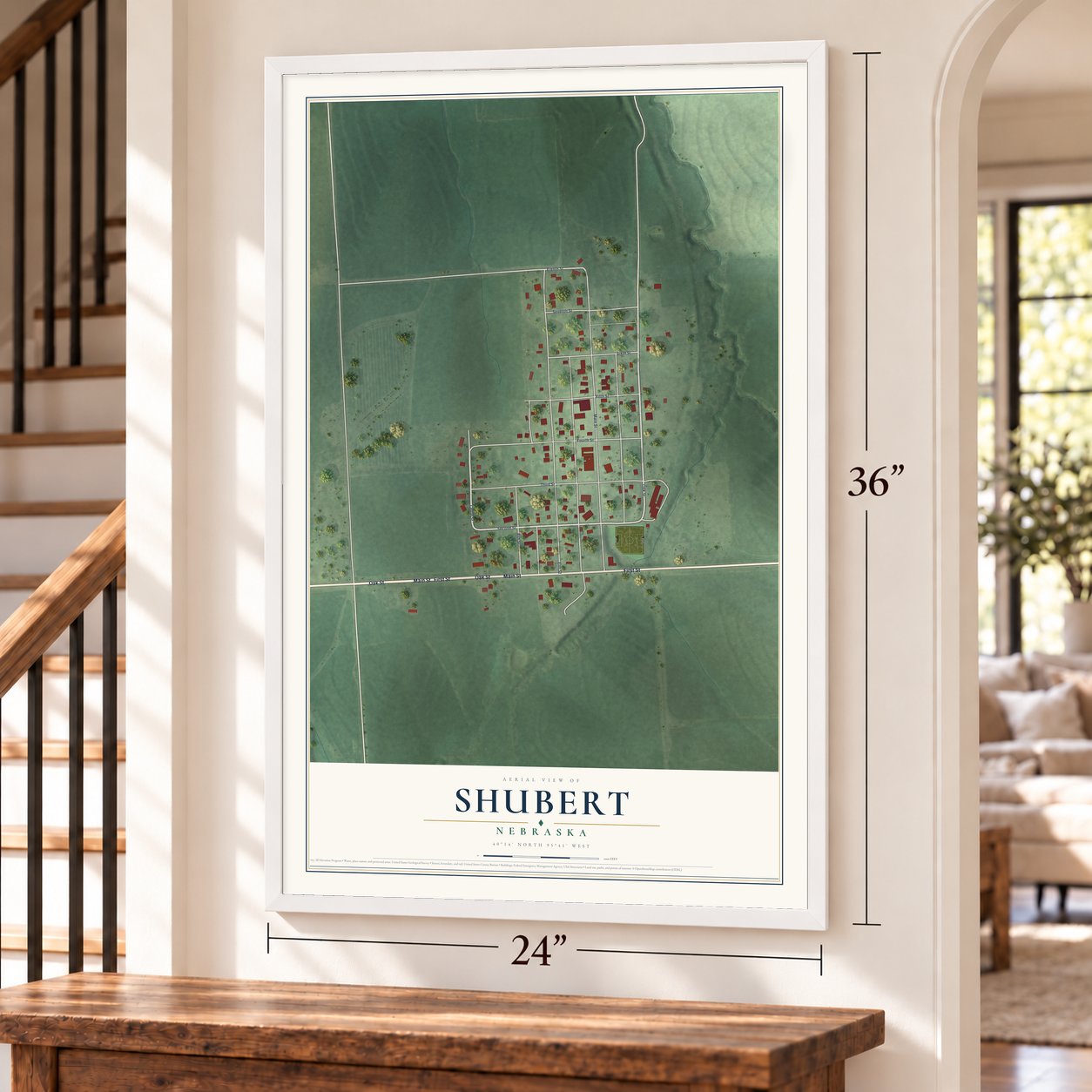 Shubert, Nebraska map, 24 x 36 inch print in a white frame by a staircase