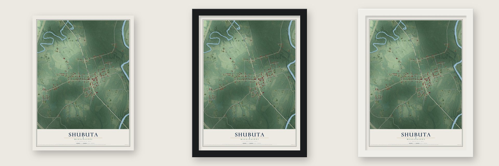 Shubuta, Mississippi map unframed, in a black wood frame and in a white wood frame