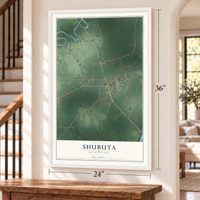 Shubuta, Mississippi map, 24 x 36 inch print in a white frame by a staircase