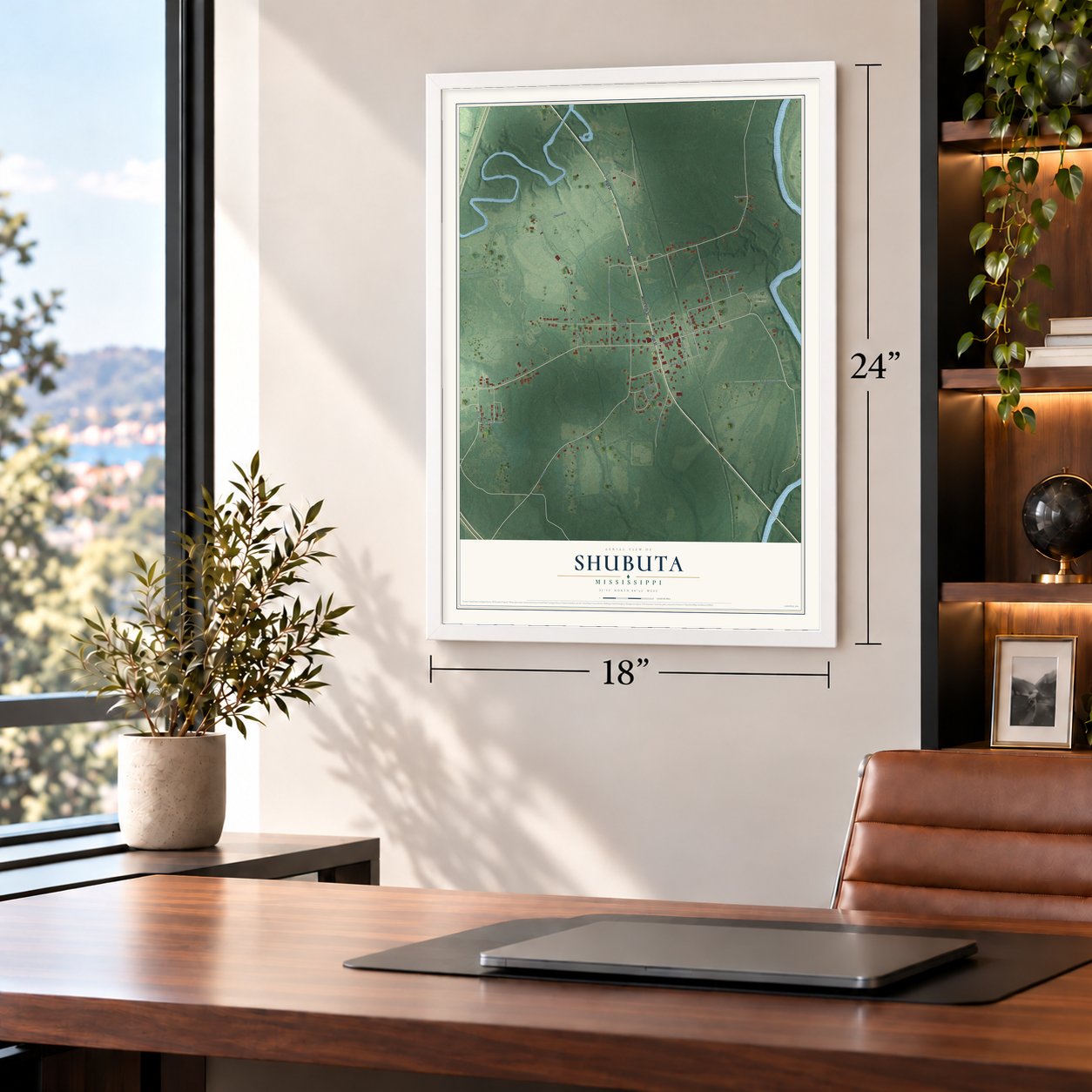 Shubuta, Mississippi map, 18 x 24 inch print in a white frame in a home office