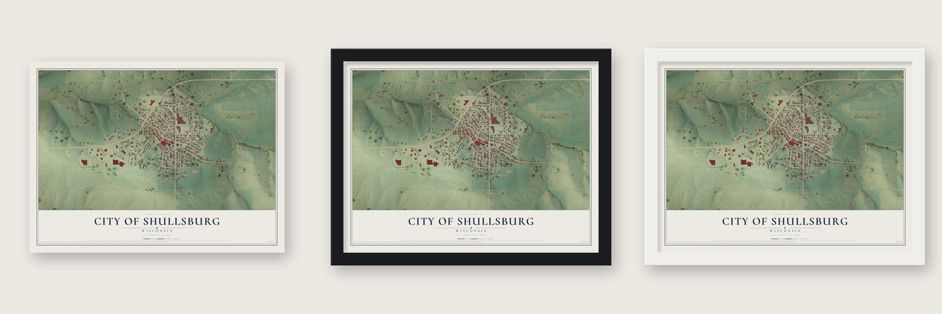 Shullsburg, Wisconsin map unframed, in a black wood frame and in a white wood frame
