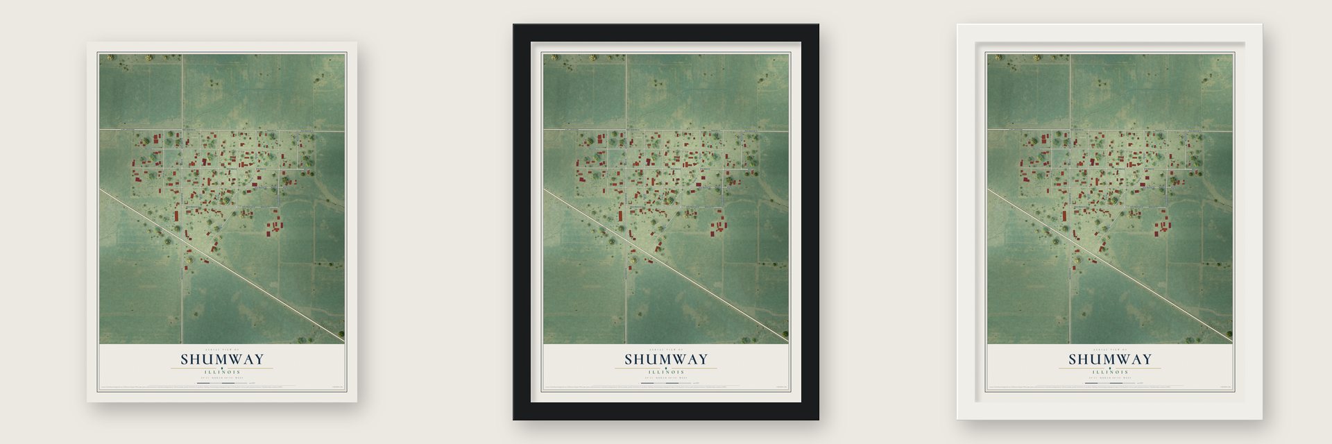 Shumway, Illinois map unframed, in a black wood frame and in a white wood frame