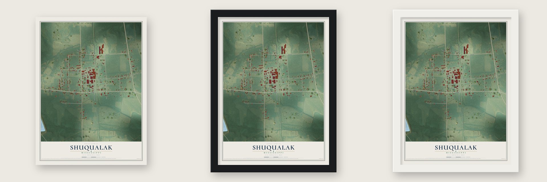 Shuqualak, Mississippi map unframed, in a black wood frame and in a white wood frame