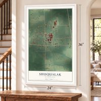Shuqualak, Mississippi map, 24 x 36 inch print in a white frame by a staircase
