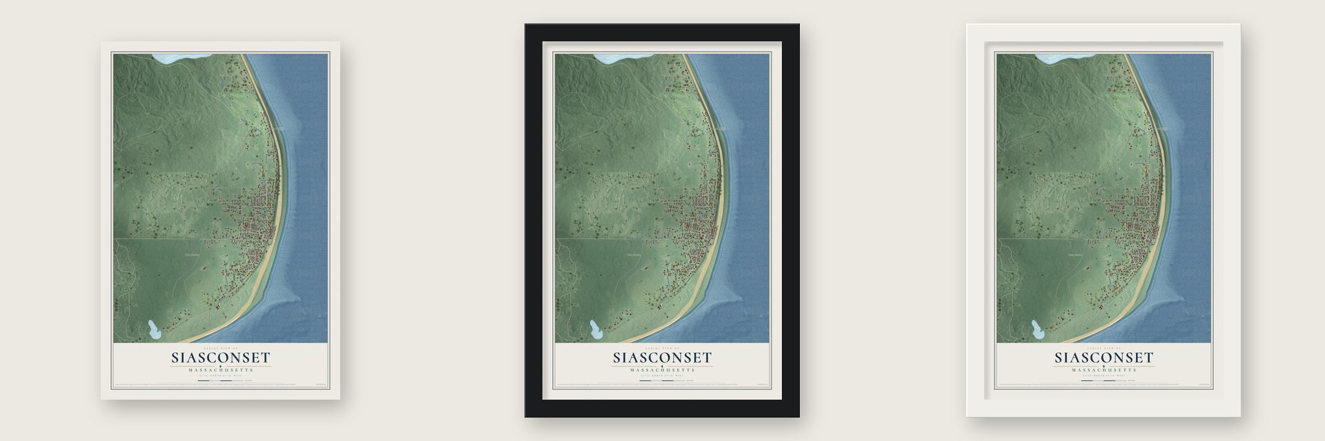 Siasconset, Massachusetts map unframed, in a black wood frame and in a white wood frame