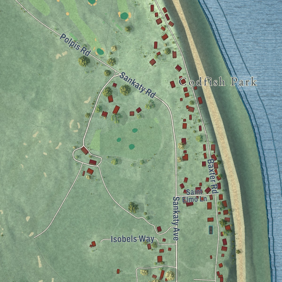 Second close-up of the map of Siasconset, Massachusetts print showing more streets and buildings