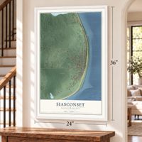 Siasconset, Massachusetts map, 24 x 36 inch print in a white frame by a staircase
