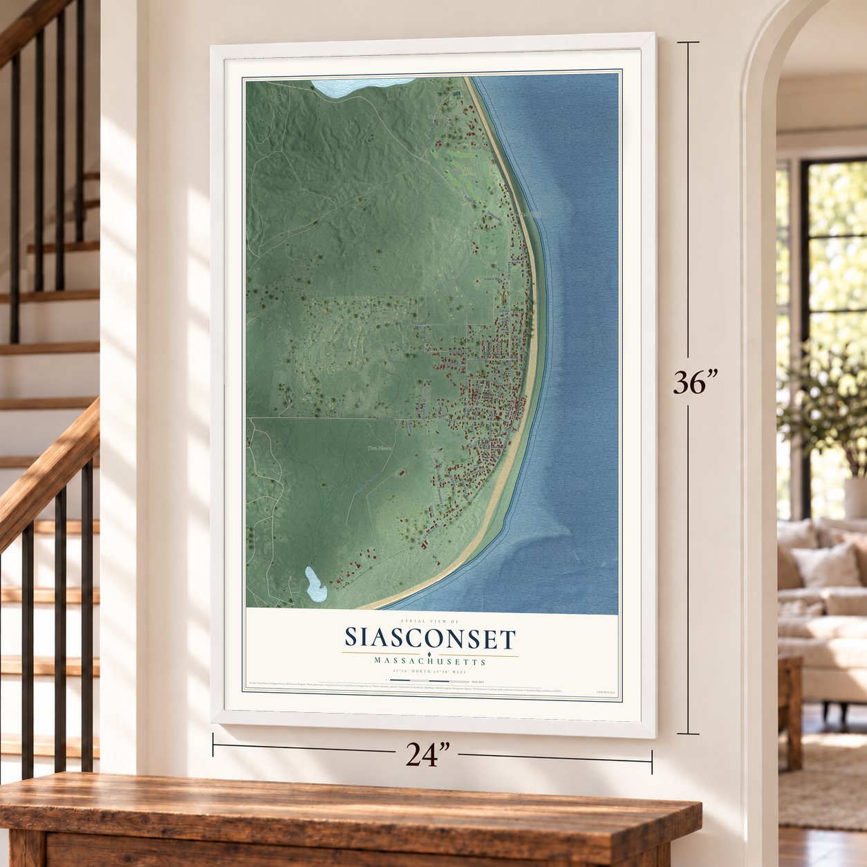 Siasconset, Massachusetts map, 24 x 36 inch print in a white frame by a staircase