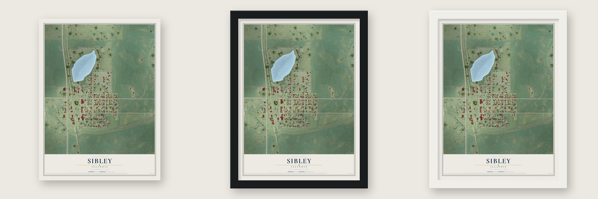 Sibley, Illinois map unframed, in a black wood frame and in a white wood frame