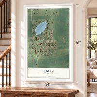 Sibley, Illinois map, 24 x 36 inch print in a white frame by a staircase