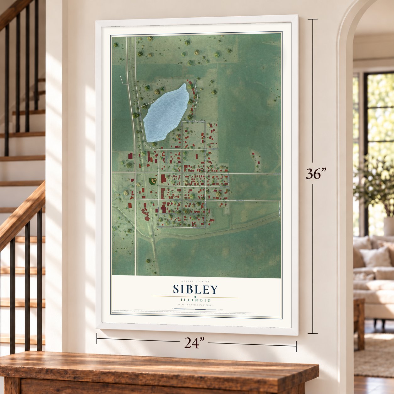 Sibley, Illinois map, 24 x 36 inch print in a white frame by a staircase
